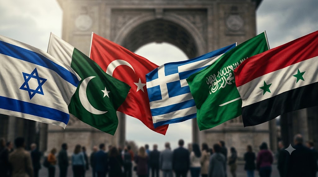 Flags of Israel, Pakistan, Turkey, Greece, Saudi Arabia and Syria against a triumphal arch