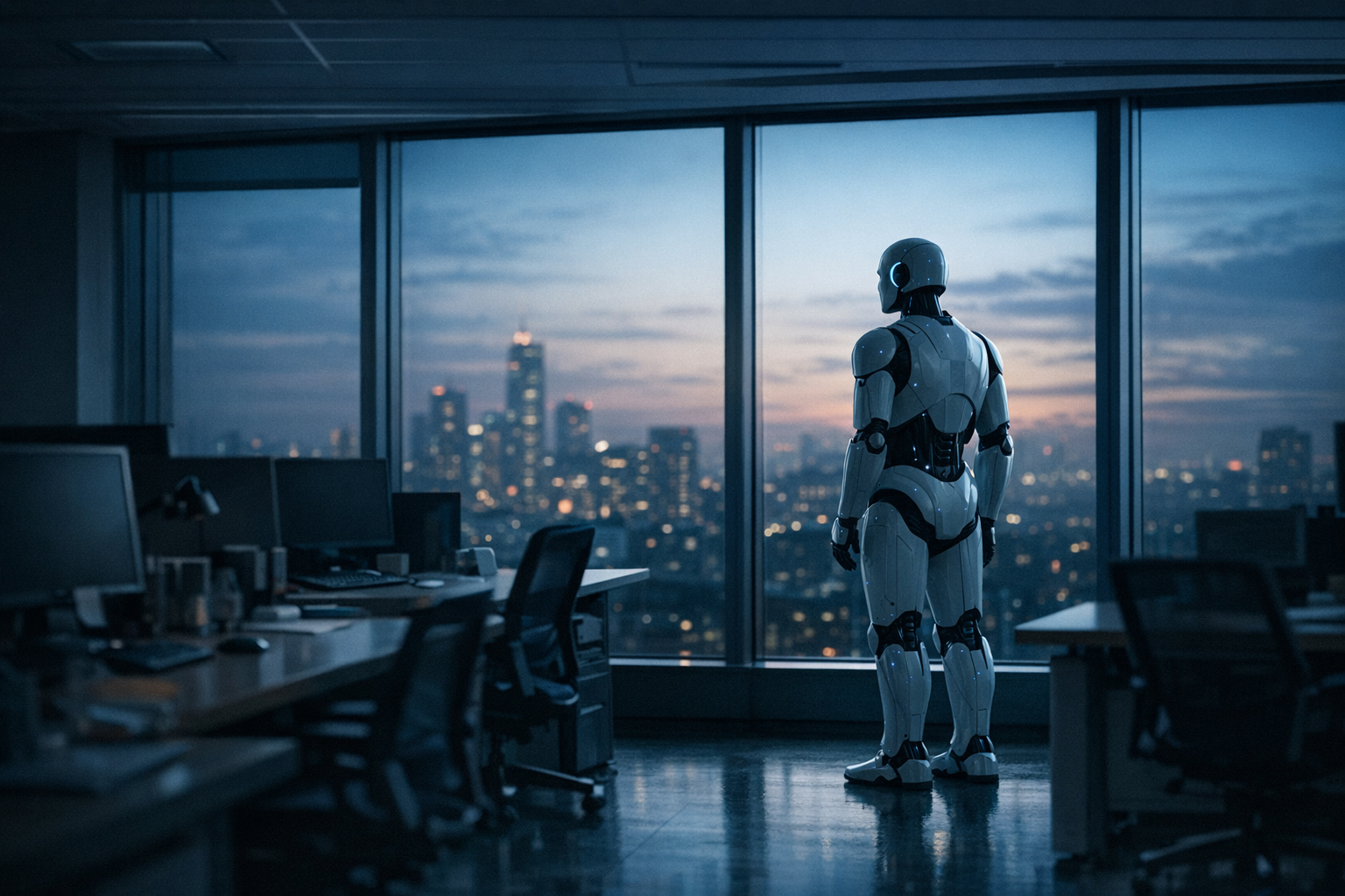 Robot standing in an empty office at dusk — AI 2.0
